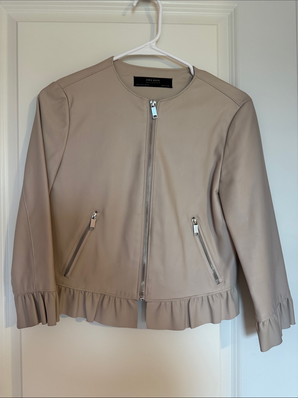 Zara Beige/Blush Faux Leather Ruffle-Hem Jacket